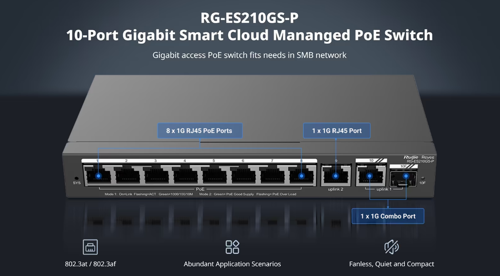 RG-ES210GS-P 10-Port Gigabit Smart Cloud Managed PoE Switch